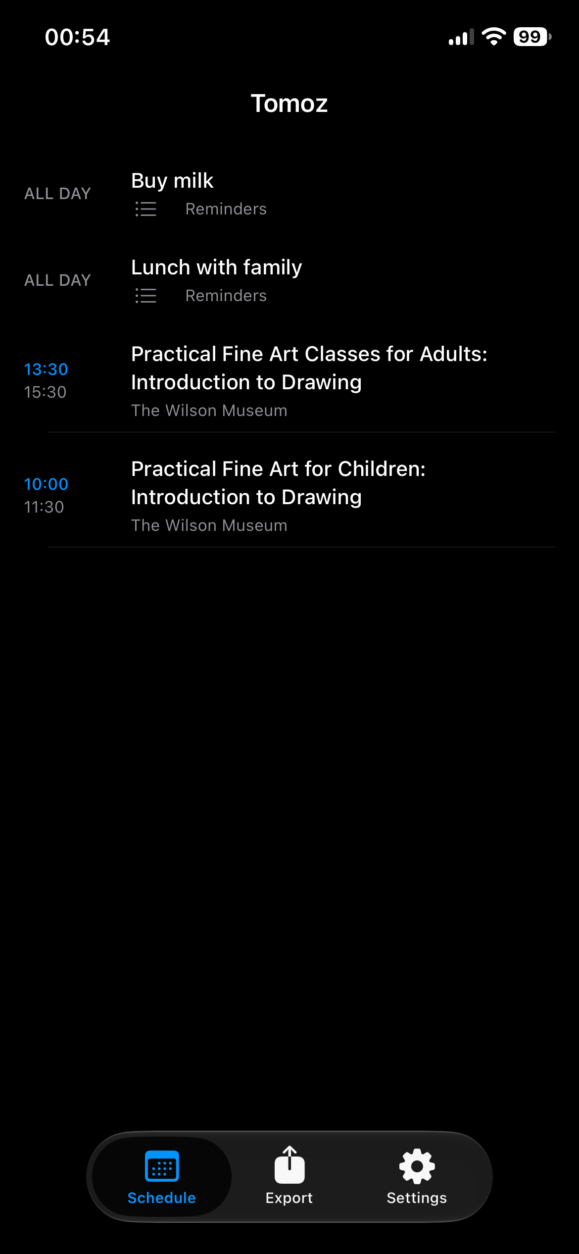 Tomoz showing tomorrow's calendar and reminder list in dark mode